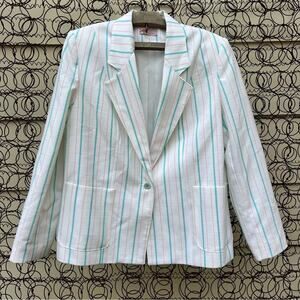 Vintage 80s GW originals white teal peach plaid stripe single button boxy blazer